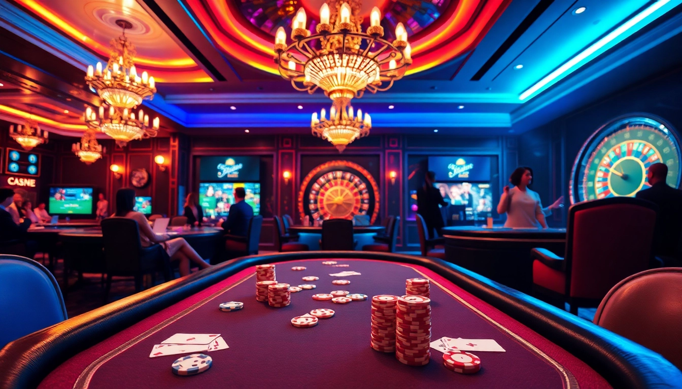 This vibrant casino scene emphasizes excitement at https://98winn.it.com/ with poker tables, roulette wheels, and live dealer gaming.