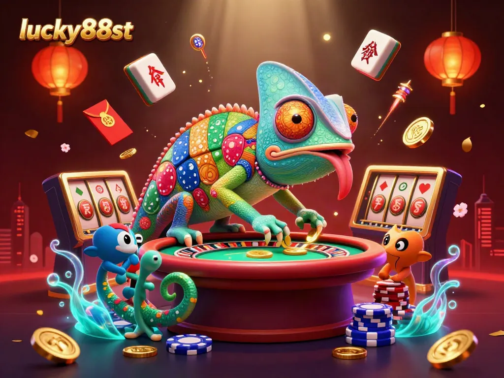 Catch exciting wins at lucky88st, a vibrant casino experience filled with colorful chameleon and gold coins.