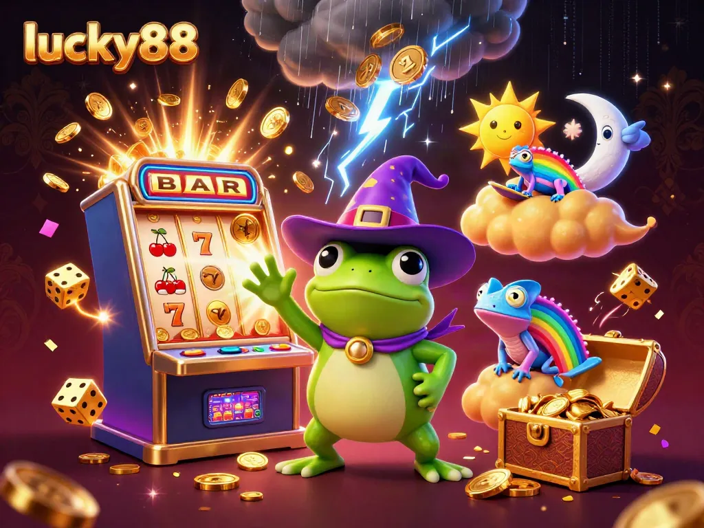 Lucky88 gambling scene with a cartoon frog, vibrant slot machine, and action-packed gaming elements.