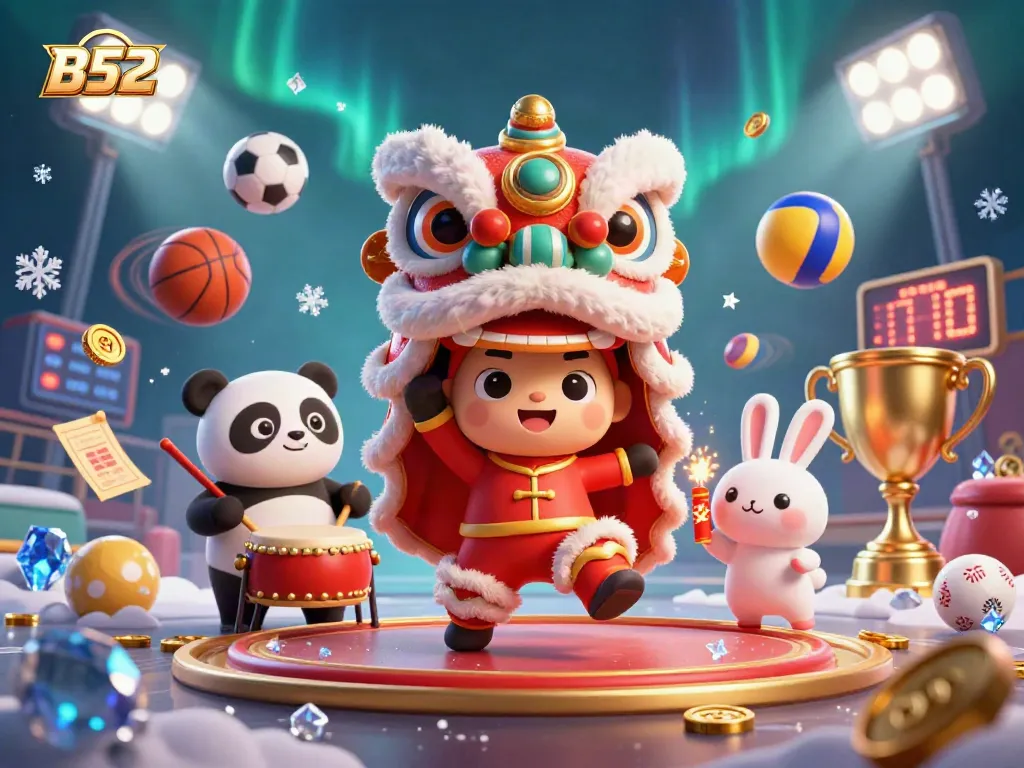 B52 delivers exciting gaming with dynamic sports elements and festive characters in a vibrant scene