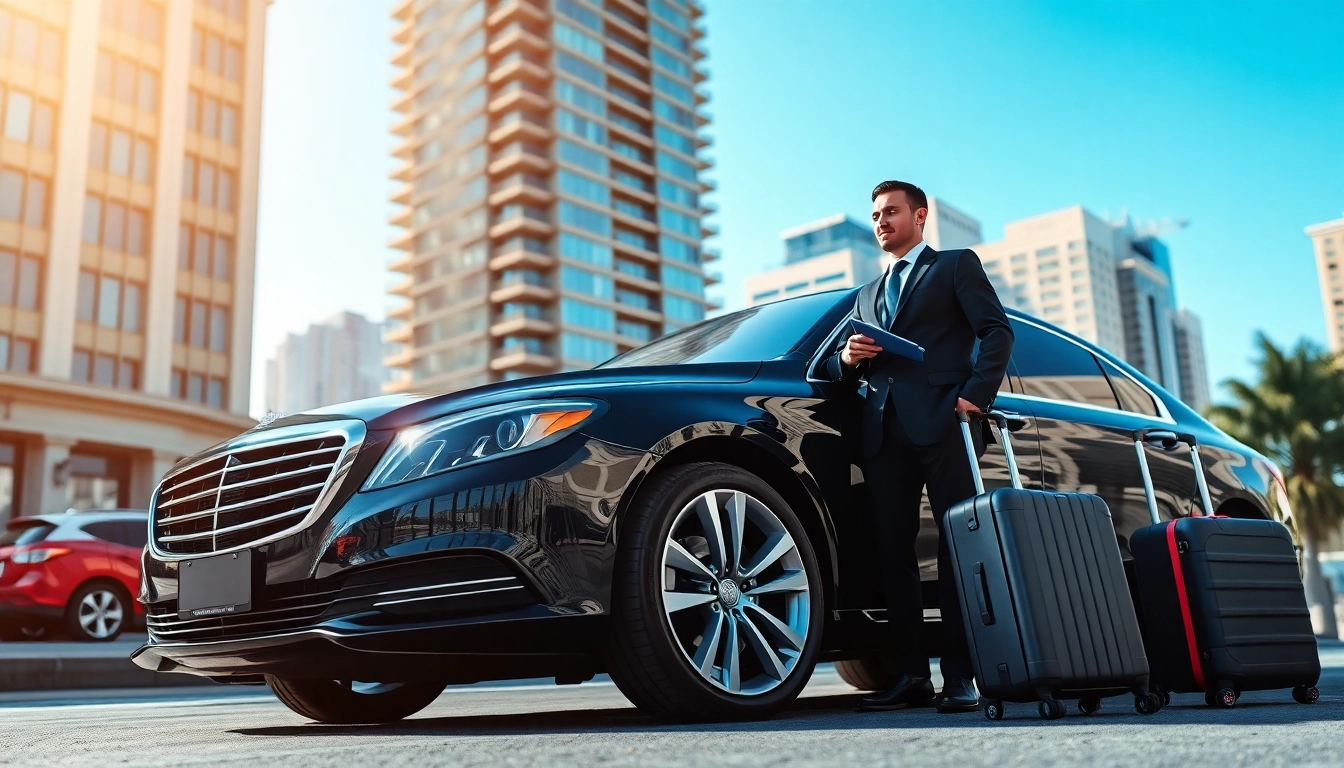 Experience premium Chauffeur Services near me with a luxury black sedan in an urban setting.