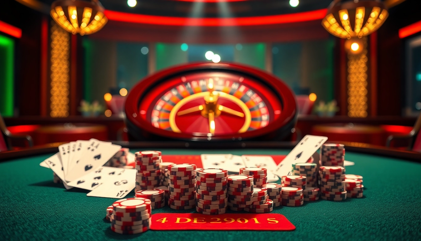Engaging gaming atmosphere showcasing Nhà cái DF999 with poker chips and roulette wheel.