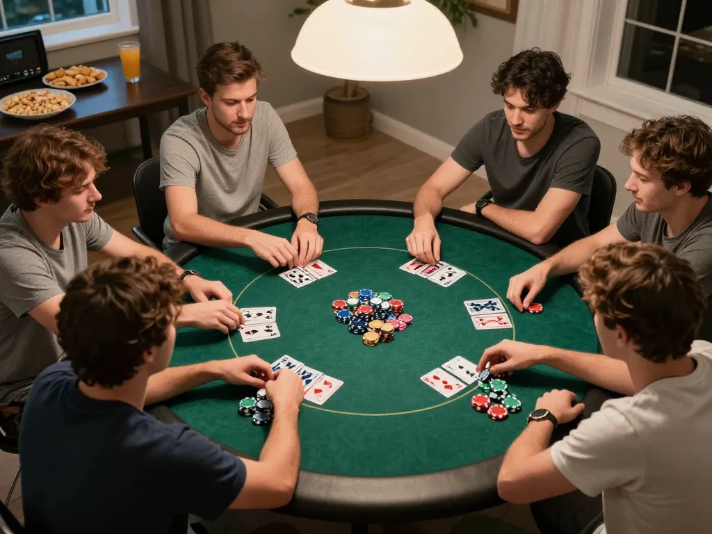 Các người chơi 12bet tận hưởng một buổi tối chơi poker tại nhà cạnh tranh với đồ ăn vặt và đồ uống xung quanh một chiếc bàn tròn.