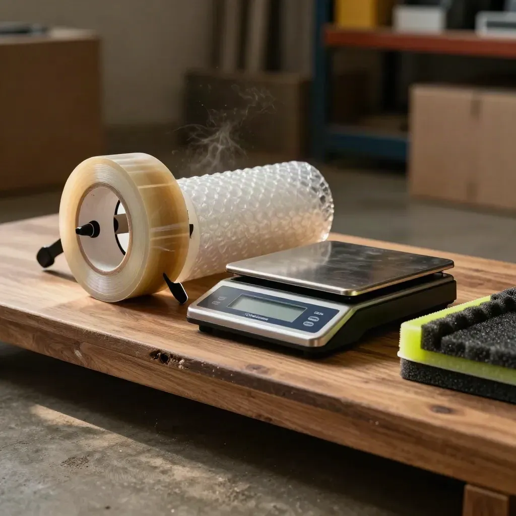 Packing tape gun, bubble wrap, parcel scale and foam corner pads on a warehouse shelf.