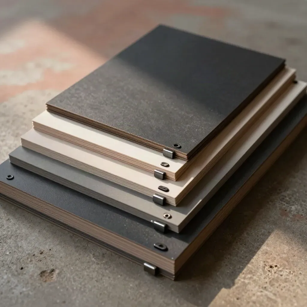 Top-down close-up of matte sample boards, graphite clips and calibration chips on concrete.