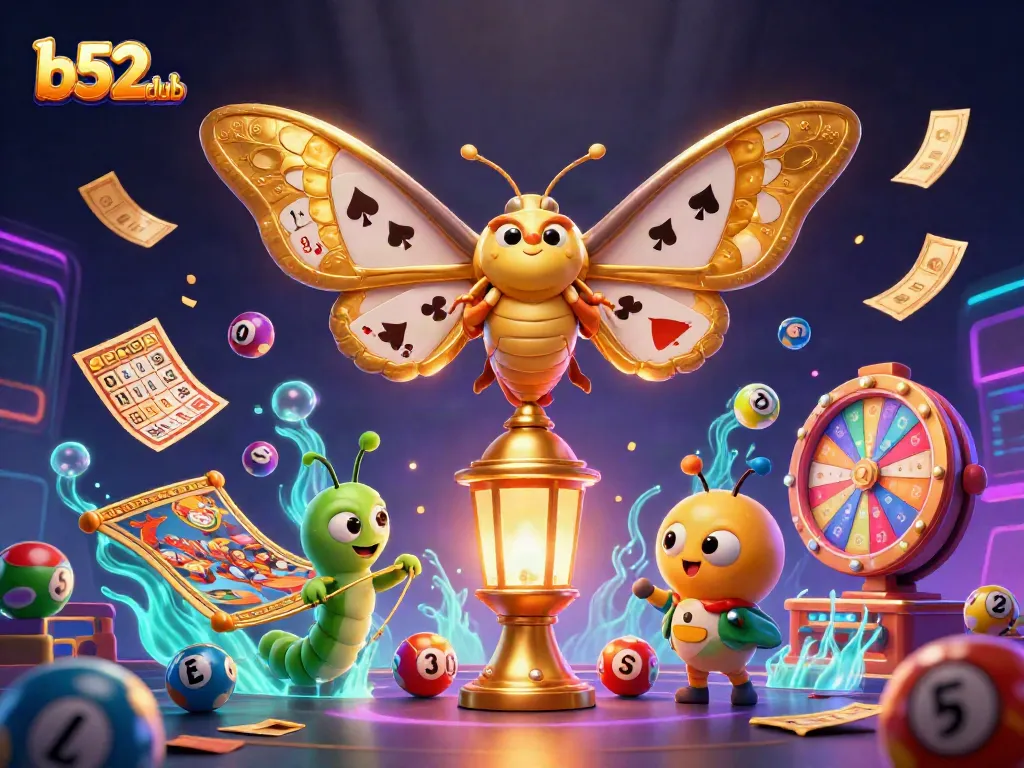 B52club visualizes excitement with a dynamic 3D cartoon illustration featuring an atlas moth and casino elements, creating a vibrant casino atmosphere.