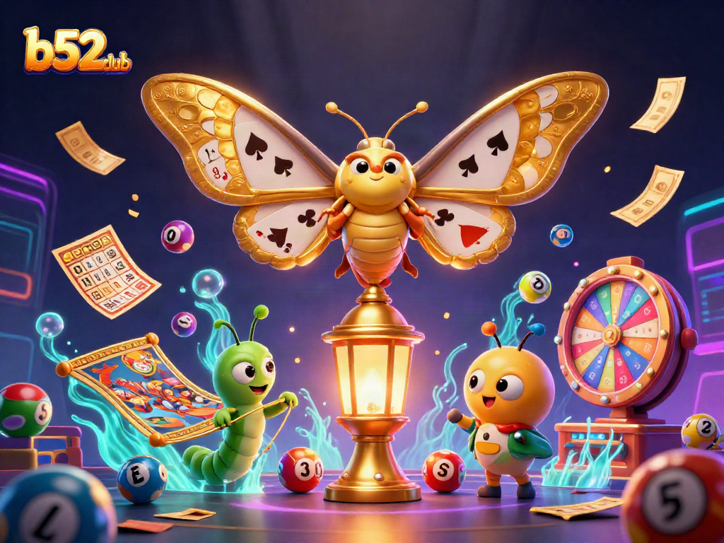 B52club visualizes excitement with a dynamic 3D cartoon illustration featuring an atlas moth and casino elements, creating a vibrant casino atmosphere.