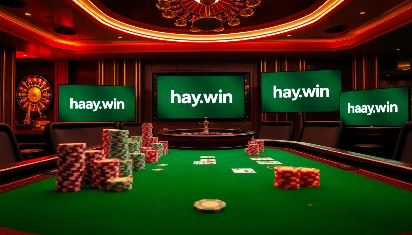 Players engaging in high-stakes poker at a luxurious table, featuring hay.win prominently displayed.