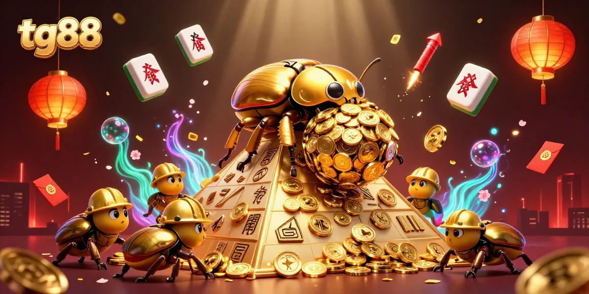 Experience the thrilling world of tg88 as the golden dung beetle rolls coins, representing excitement in online gambling.