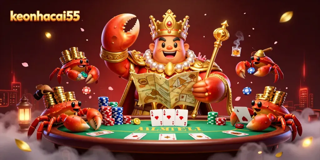 Engage in exciting gameplay at keonhacai55 with vibrant poker chips and a royal crab emperor