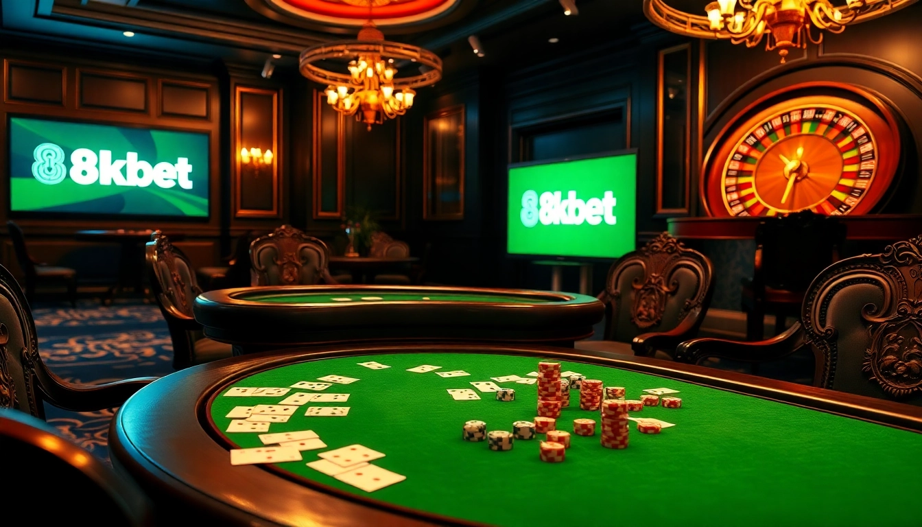 Exciting poker game setup featuring 8kbet logo, chips, and cards in a luxurious casino.