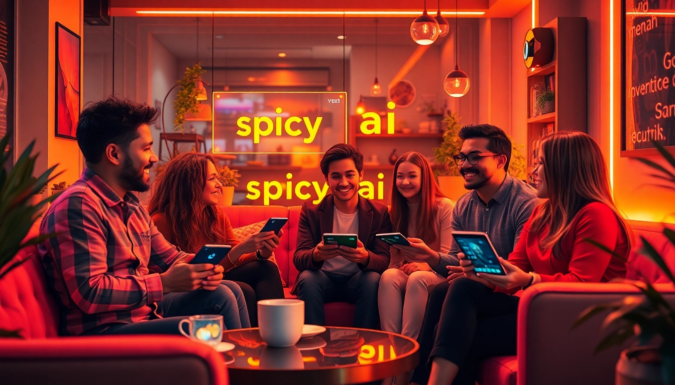 Engaging scene of users interacting with spicy AI chatbots in a modern café setting.