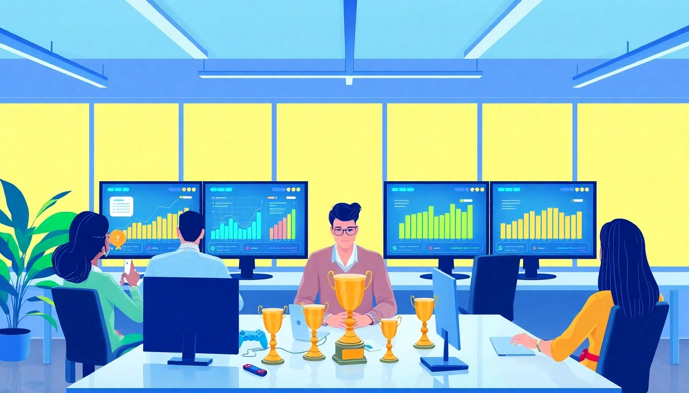"Gamification for companies represented by employees collaborating in a vibrant, innovative office environment."