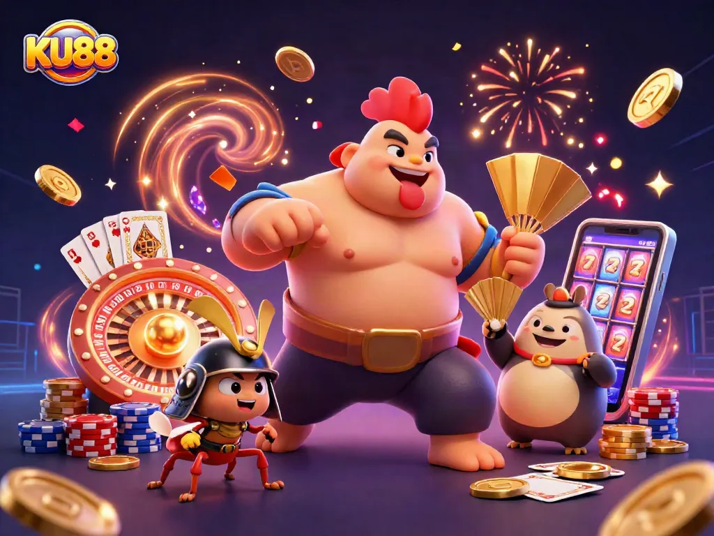 KU88 sparks excitement with a rooster wrestler, cricket samurai, and tanuki announcer in engaging casino action.