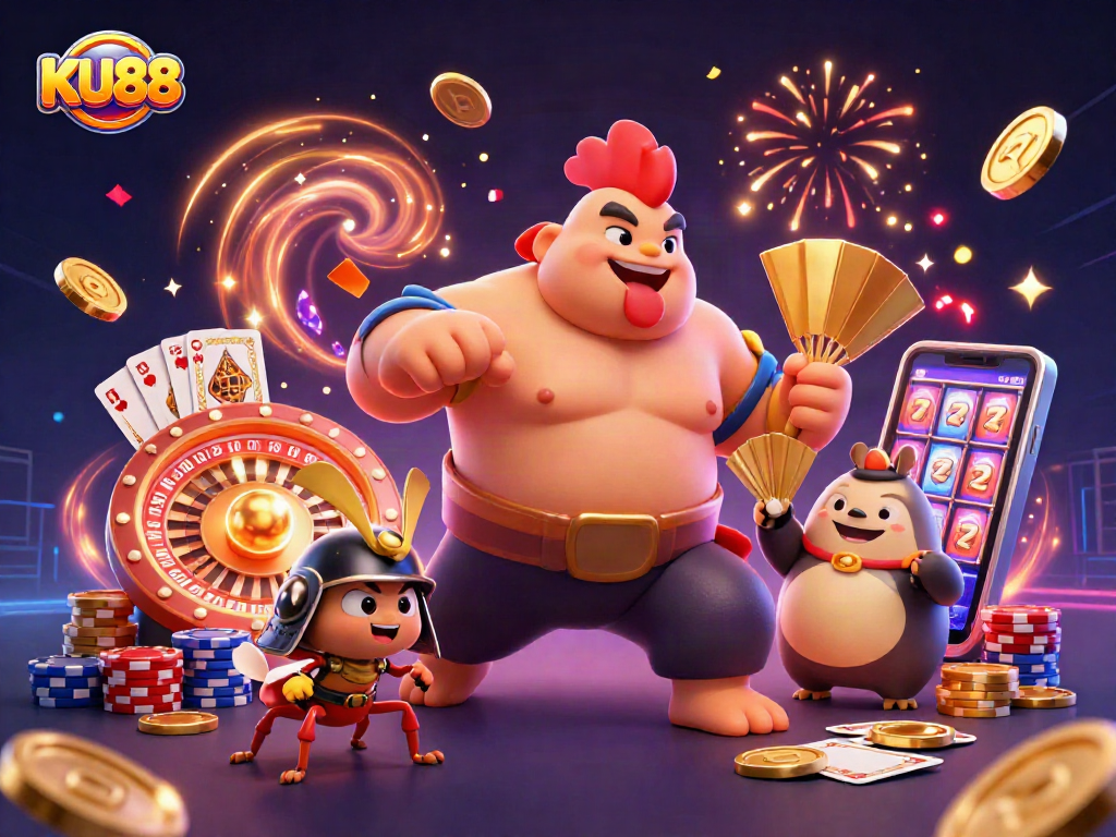 KU88 sparks excitement with a rooster wrestler, cricket samurai, and tanuki announcer in engaging casino action.