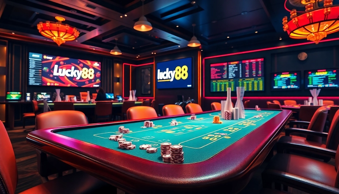 Players enjoying exciting games at https://lucky88com.me/, with colorful casino tables and vibrant poker chips.