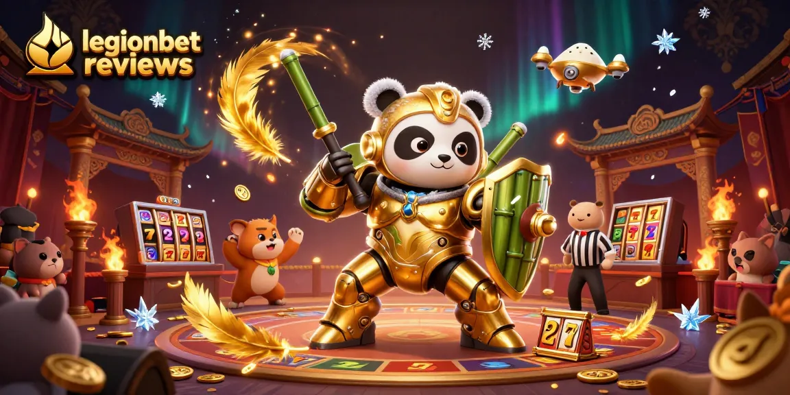 Engage with legionbet reviews in a vibrant casino atmosphere featuring a golden panda and dynamic gaming elements.