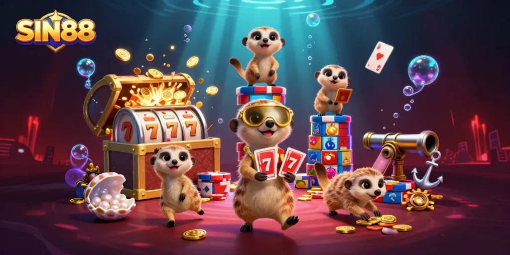 SIN88 meerkats managing a vibrant casino, showcasing slot reels and underwater treasures, engaging viewers dynamically.