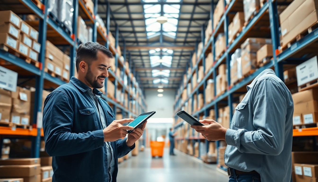 Efficient depo yönetimi showcased with warehouse staff using technology.