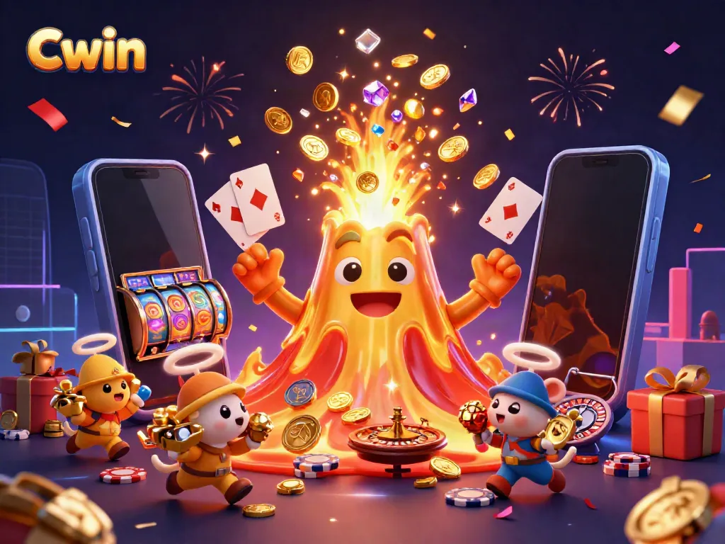 Cwin showcasing a vibrant casino scene with a golden volcano and treasure elements.
