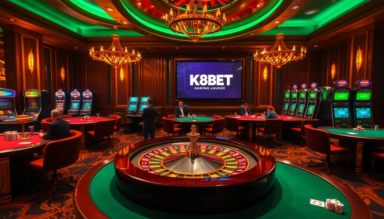 K8BET gaming lounge featuring luxurious casino tables and professional dealers.