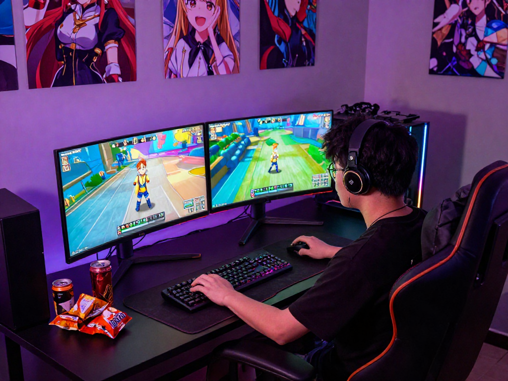 Engaging gamer playing a hentai game with vibrant RGB setup and anime visuals.