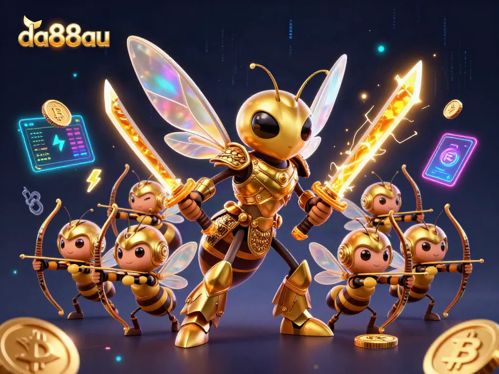 Experience thrilling gaming with da88au, featuring a vibrant golden hornet and crypto elements.