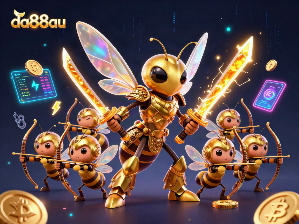 Experience thrilling gaming with da88au, featuring a vibrant golden hornet and crypto elements.