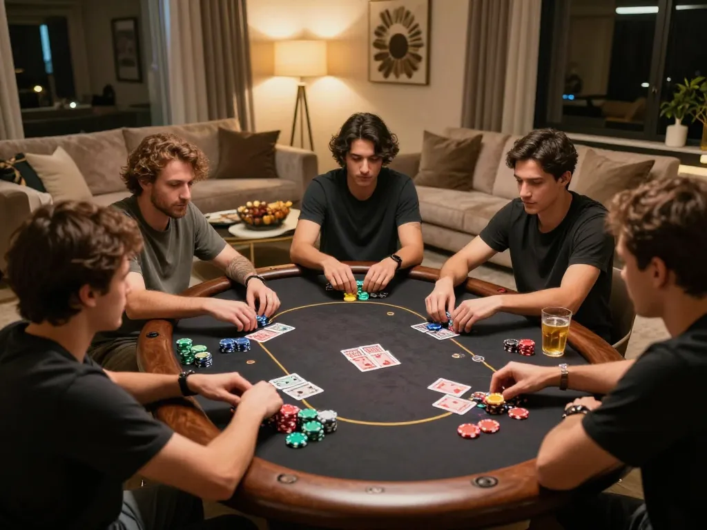 Enjoying a Texas Hold'em game around the table with friends at home using https://tx666.co.com/ for betting.