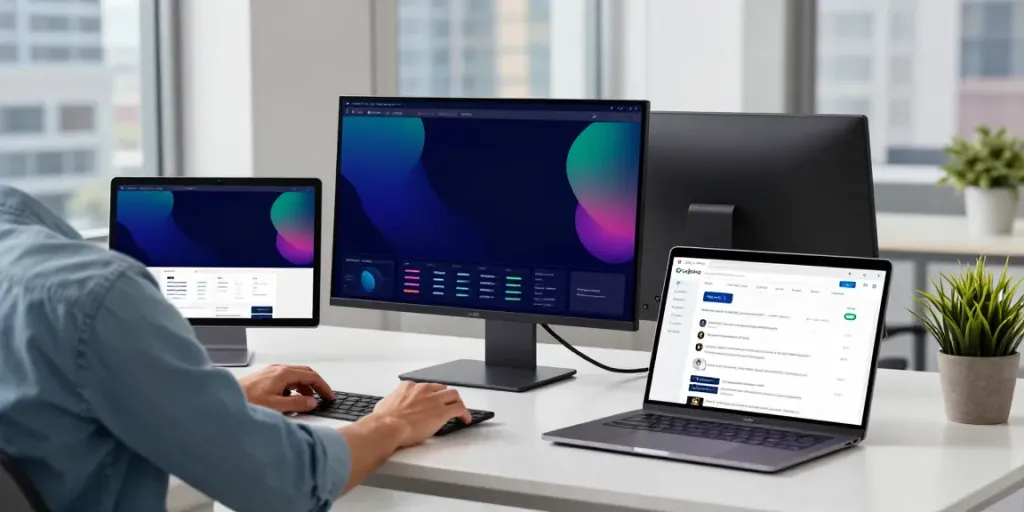 Digital marketing workspace showcasing instant indexing metrics on monitors and analytical tools.