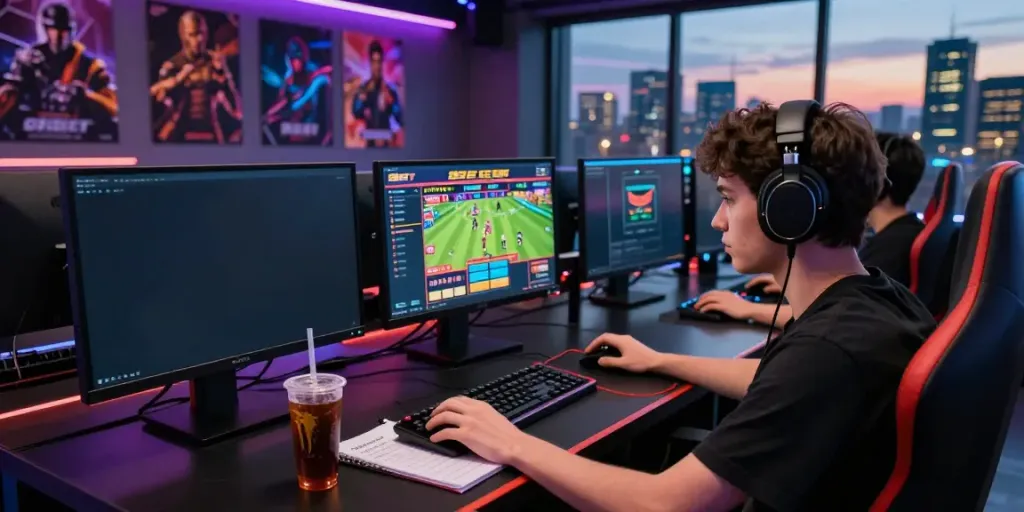 A young adult gaming enthusiast engaged in a session at https://9bet.ru.com/ with multiple screens showcasing casino games and sports betting, ambient LED lighting enhancing the digital gaming atmosphere.