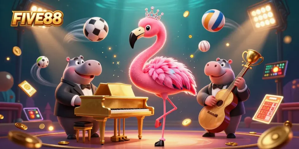 FIVE88 illuminates the exciting world of betting with dynamic sports elements and vibrant characters in a lively casino scene.