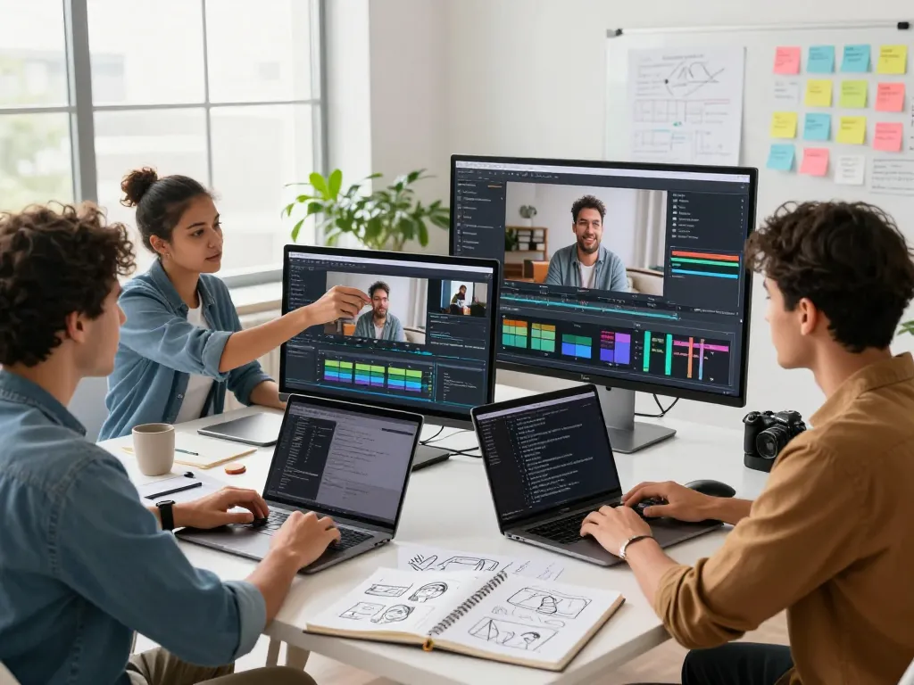 Team collaborating in a bright workspace, using video to prompt AI technology for video analysis and content creation.