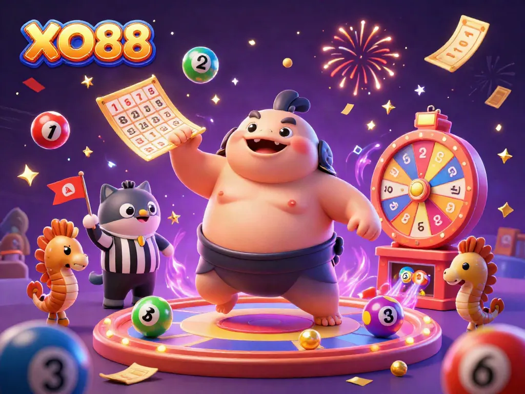 Experience thrilling gambling at XO88 with vibrant characters and dynamic lottery elements in a festive underwater scene.