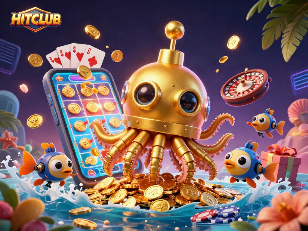 HITCLUB reveals a thrilling underwater adventure with a golden kraken submarine amidst dazzling slot games.