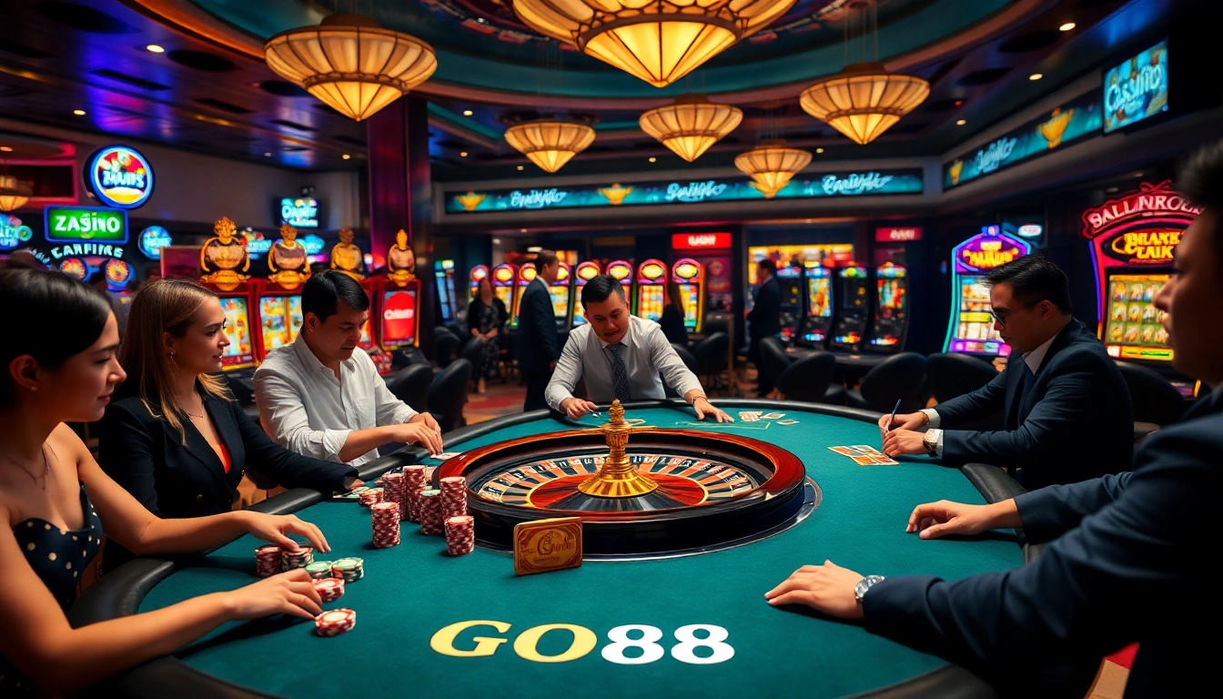 Players enjoying a thrilling game at GO88's luxurious casino table with vibrant poker chips.