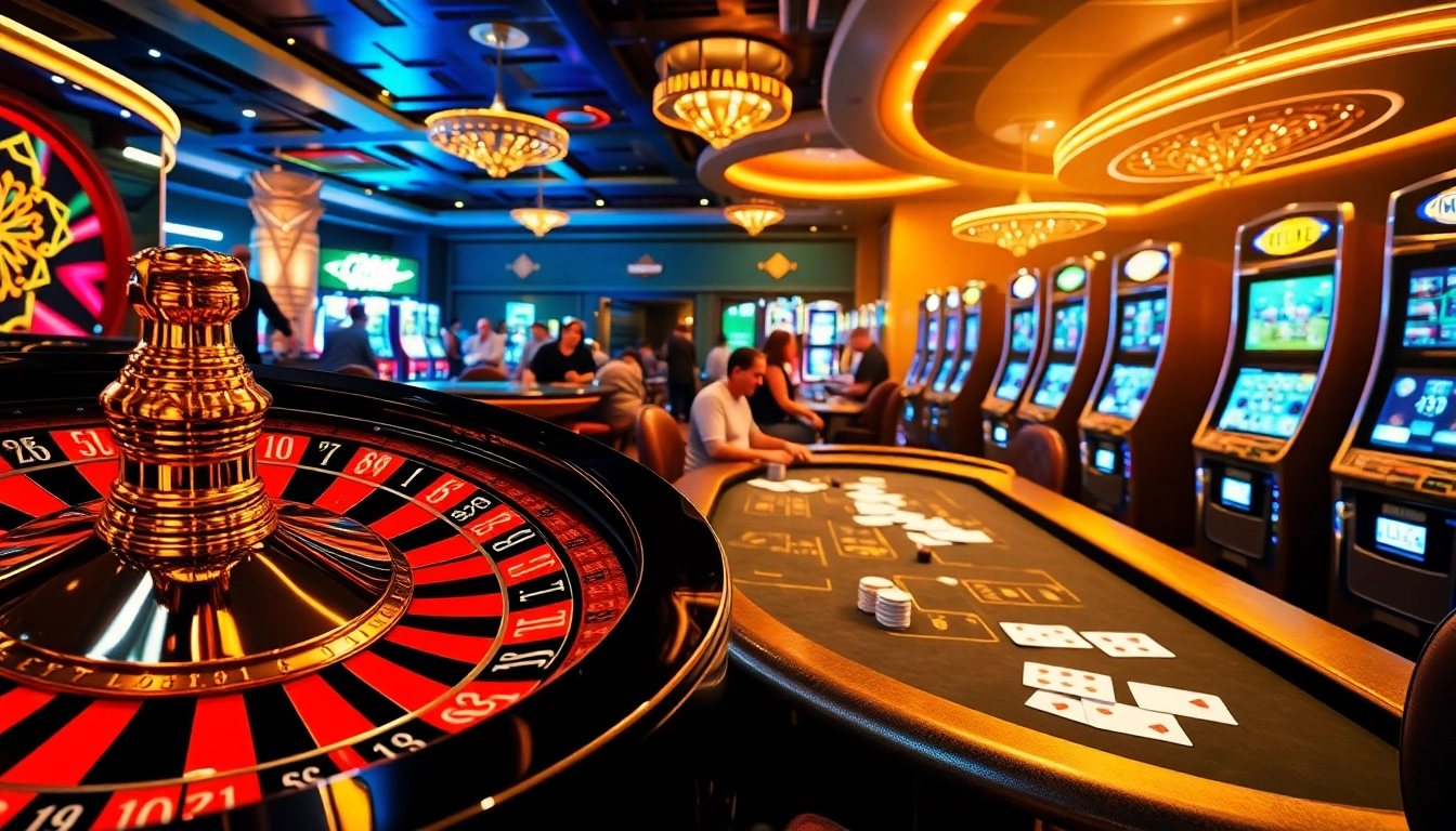 Experience thrilling 8kbet games at a vibrant casino scene with roulette, poker tables, and lively players.