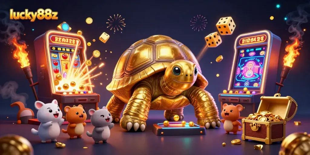 Play exciting games at lucky88z, featuring a vibrant illustration of a golden tortoise pinball machine