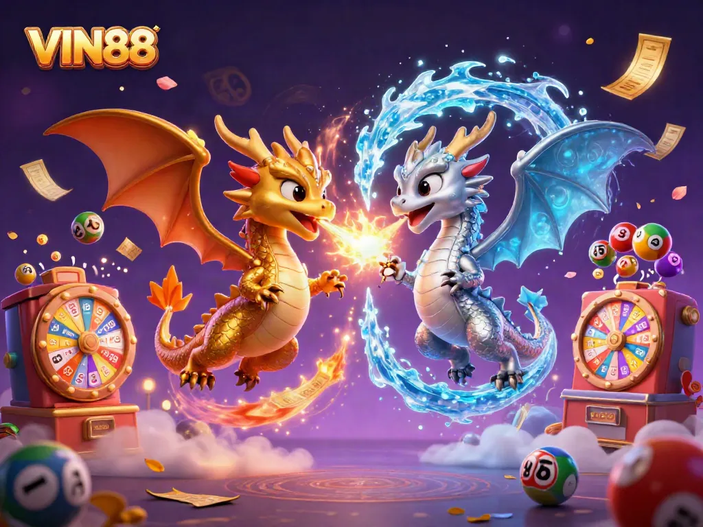Engage in thrilling gaming adventures with VIN88 as the golden and silver dragons battle amidst colorful lottery excitement.