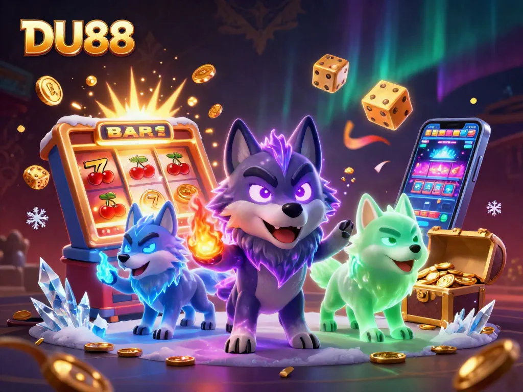 Experience the thrilling jackpot chances at DU88 with a dynamic casino scene featuring vibrant ghostly wolves and exploding slot machines.