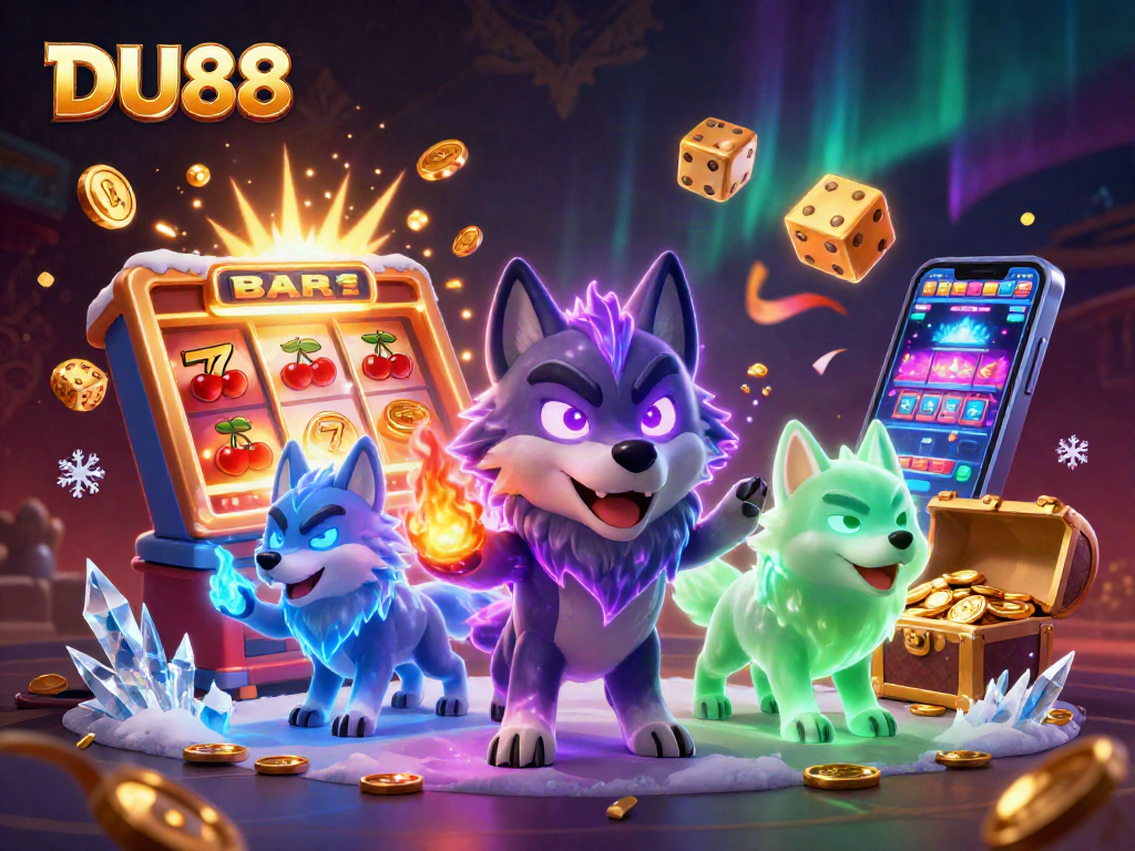 Experience the thrilling jackpot chances at DU88 with a dynamic casino scene featuring vibrant ghostly wolves and exploding slot machines.