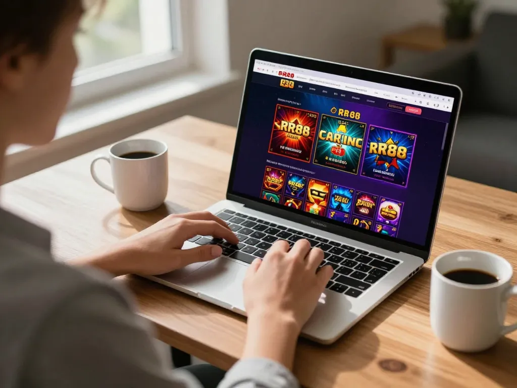 Play at RR88 with engaging games displayed on a laptop in a cozy home setting.