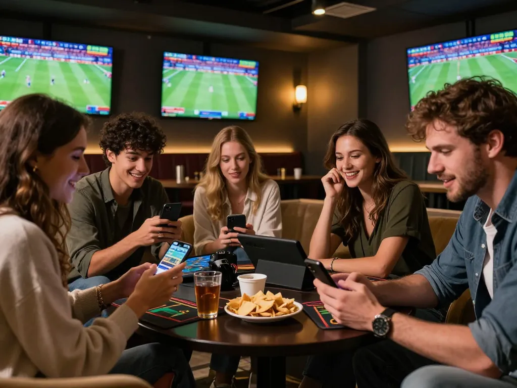 Friends excitedly discussing sports betting odds at 888NEW's sports lounge