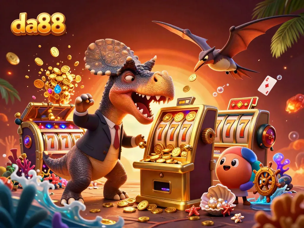Experience excitement with da88 as a dinosaur headbutts a slot machine, unleashing golden coins in a colorful casino.