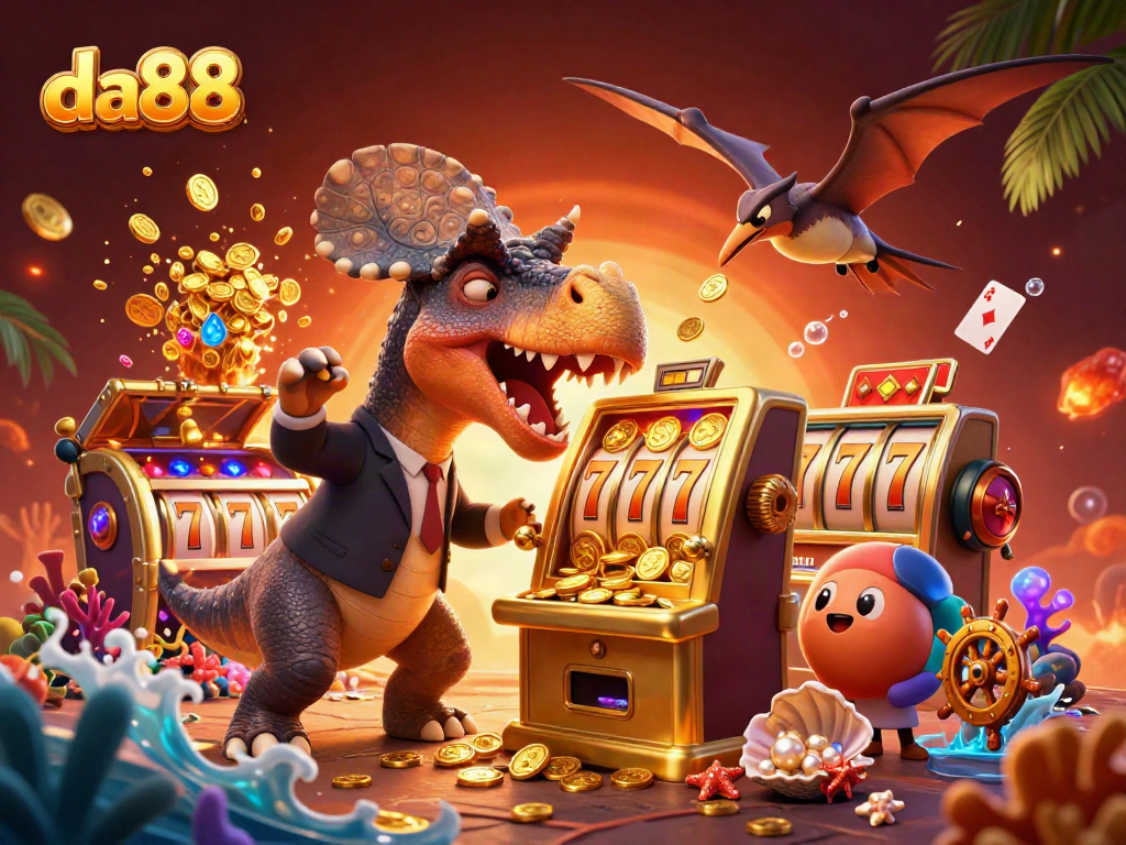 Experience excitement with da88 as a dinosaur headbutts a slot machine, unleashing golden coins in a colorful casino.