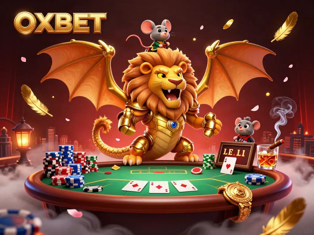 Play poker and win big with OXBET in a vibrant casino scene featuring a roaring chimera and colorful chips.