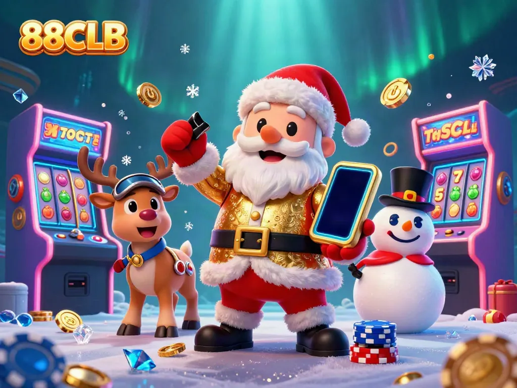Engage in the vibrant world of 88CLB with cartoon Santa, a reindeer dealer, and a poker chip snowman.