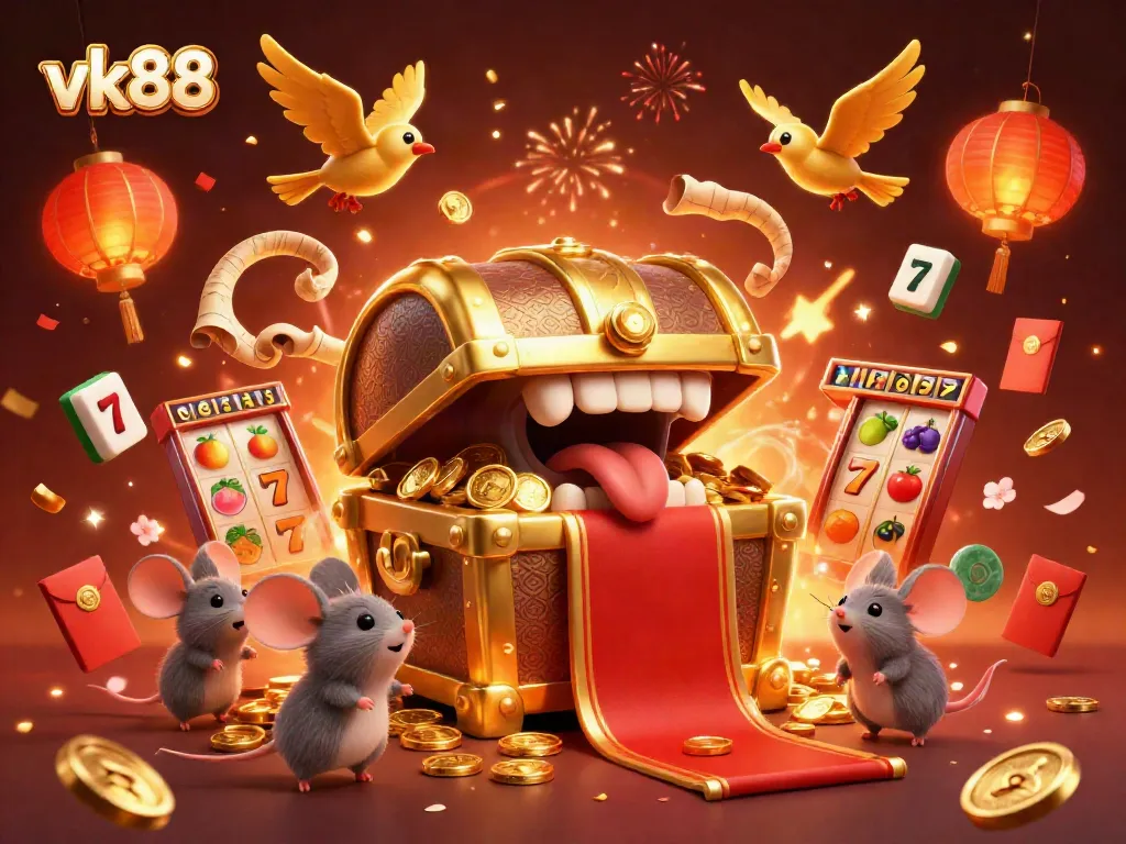 Experience the excitement of vk88 with vibrant slot reels and treasure in an alluring casino scene.