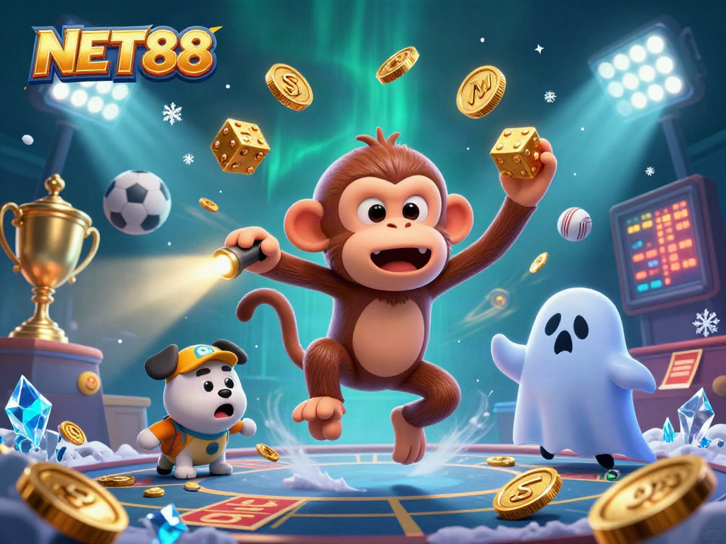 Engage with NET88's thrilling gambling adventure featuring a playful poltergeist monkey and a curious puppy.