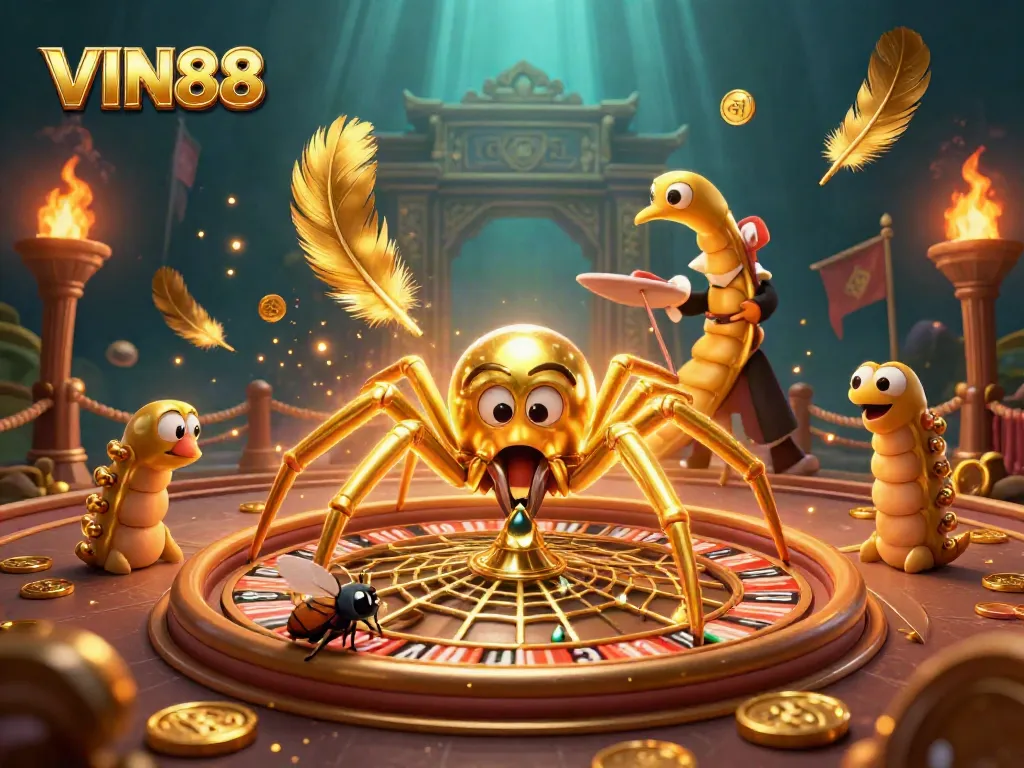 VIN88 engages players in winning spins at the roulette table while a golden spider weaves the game of luck.
